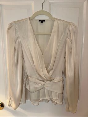 Express Cream Satin Wrap Blouse with Knot Detail